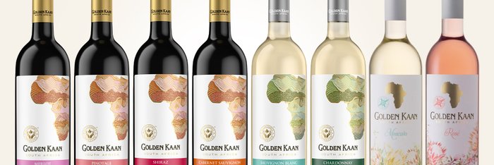 Eine Auswahl an Weinen der Marke Golden Kaan, darunter Rot- und Weißweine, präsentiert in eleganten Flaschen mit kunstvollen Etiketten.